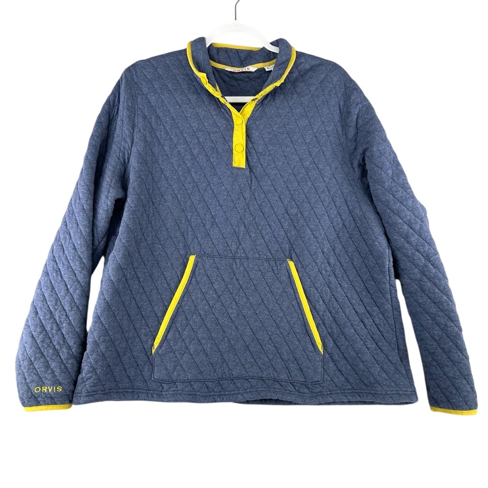 Orvis Outdoors Quilted Pullover Quarter Snap Shirt Womens X-Large Blue Yellow‎